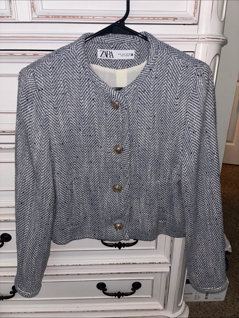 Zara Blue and White Herringbone Collarless Blazer